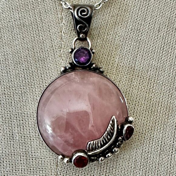 Sajen Sterling Silver Rose Quartz Amethyst Garnet Pendant Necklace - Picture 1 of 10